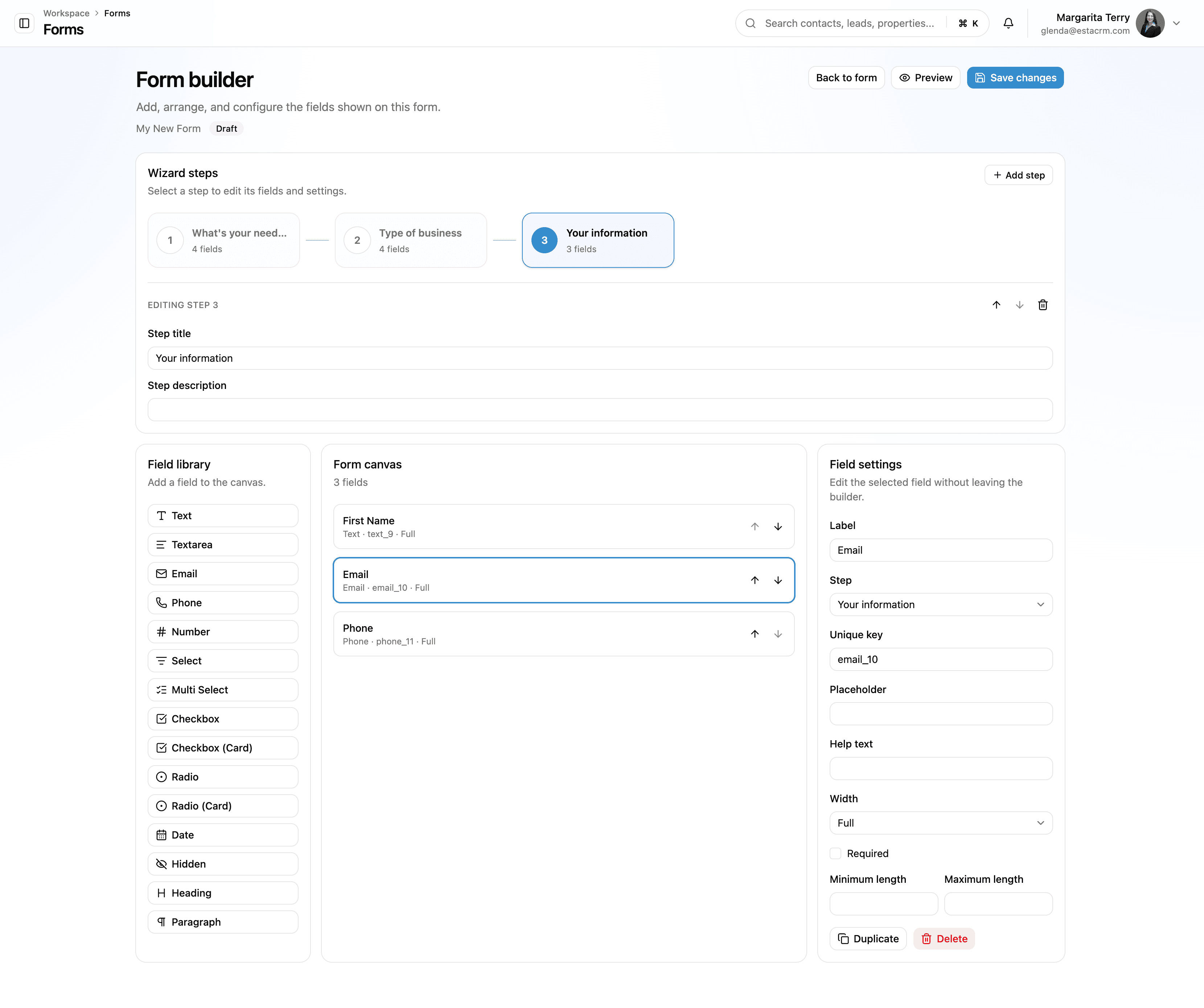 Form builder with fields and steps