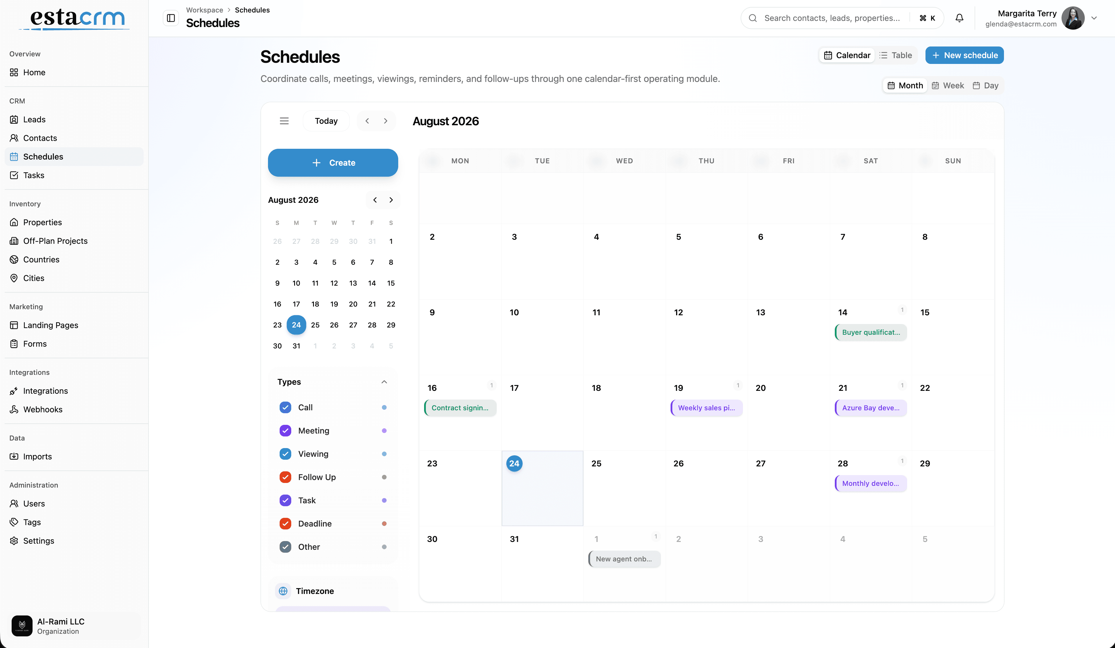 Calendar scheduling in EstaCRM