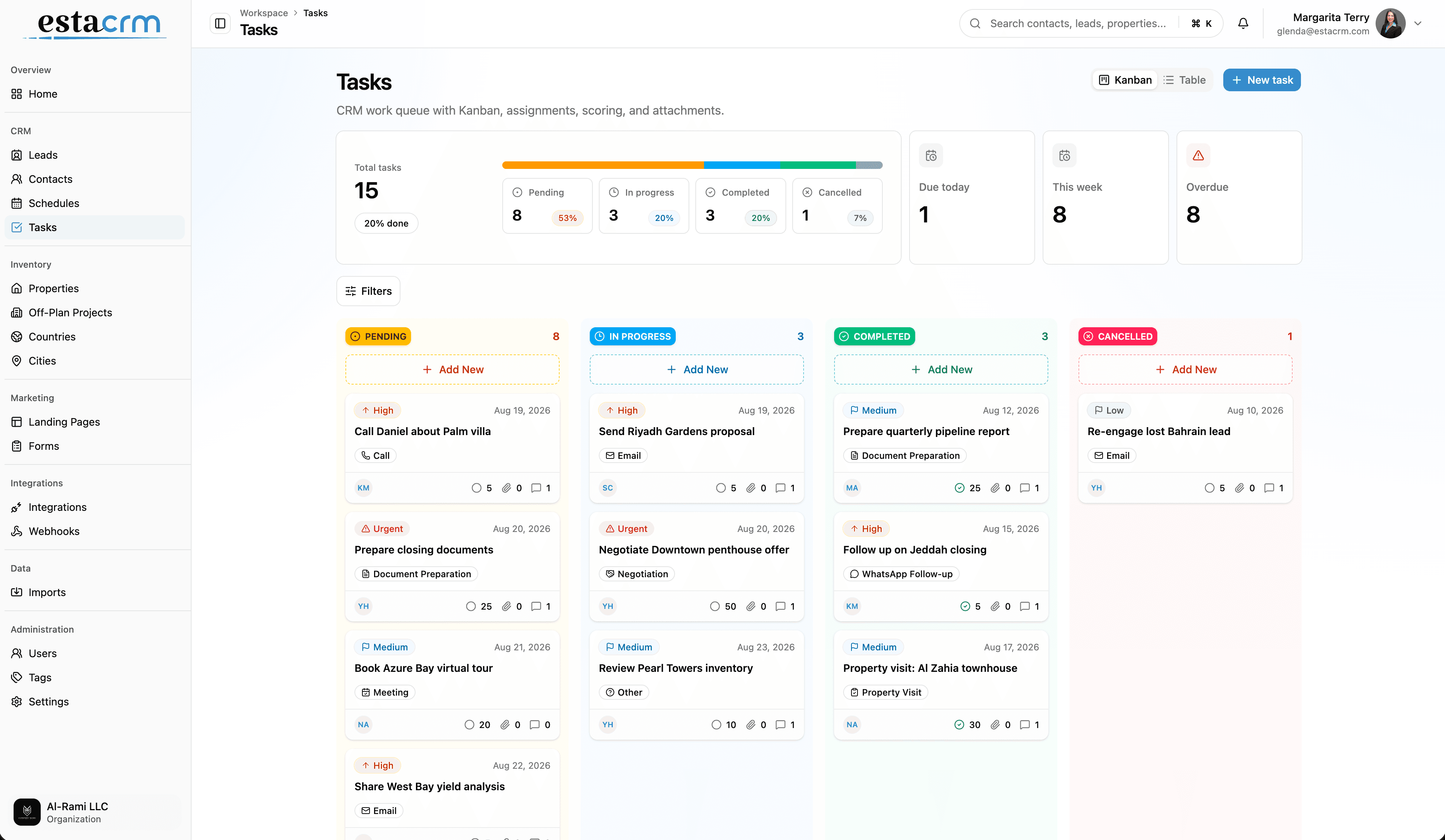 Kanban task workflow in EstaCRM